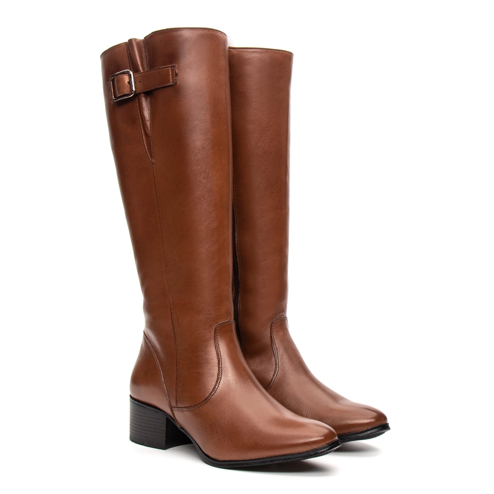 Bota de Couro Cano Alto com Fivela Caramelo